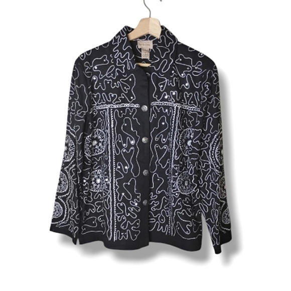 Choices Embroidered Jacket Black White Boho Artsy Casual Western Style - Picture 1 of 9